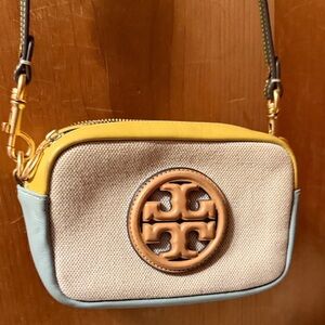Tory Burch Beige and Yellow Crossbody Bag with Blue Accents